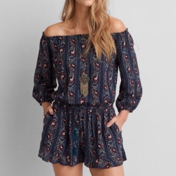American Eagle Outfitters Pants - Blue American eagle off the shoulder romper